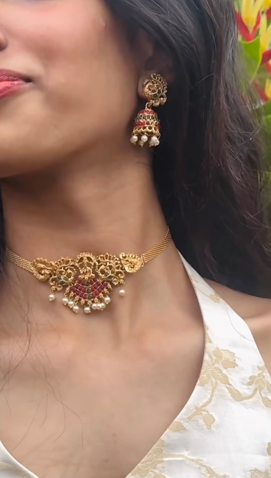 Antique Gold Choker and Jhumkas Set