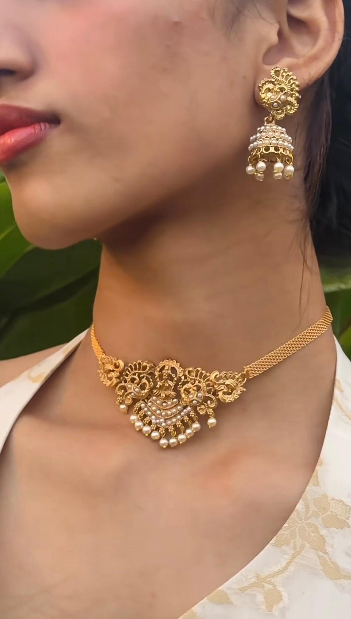 Antique Gold Choker and Jhumkas Set