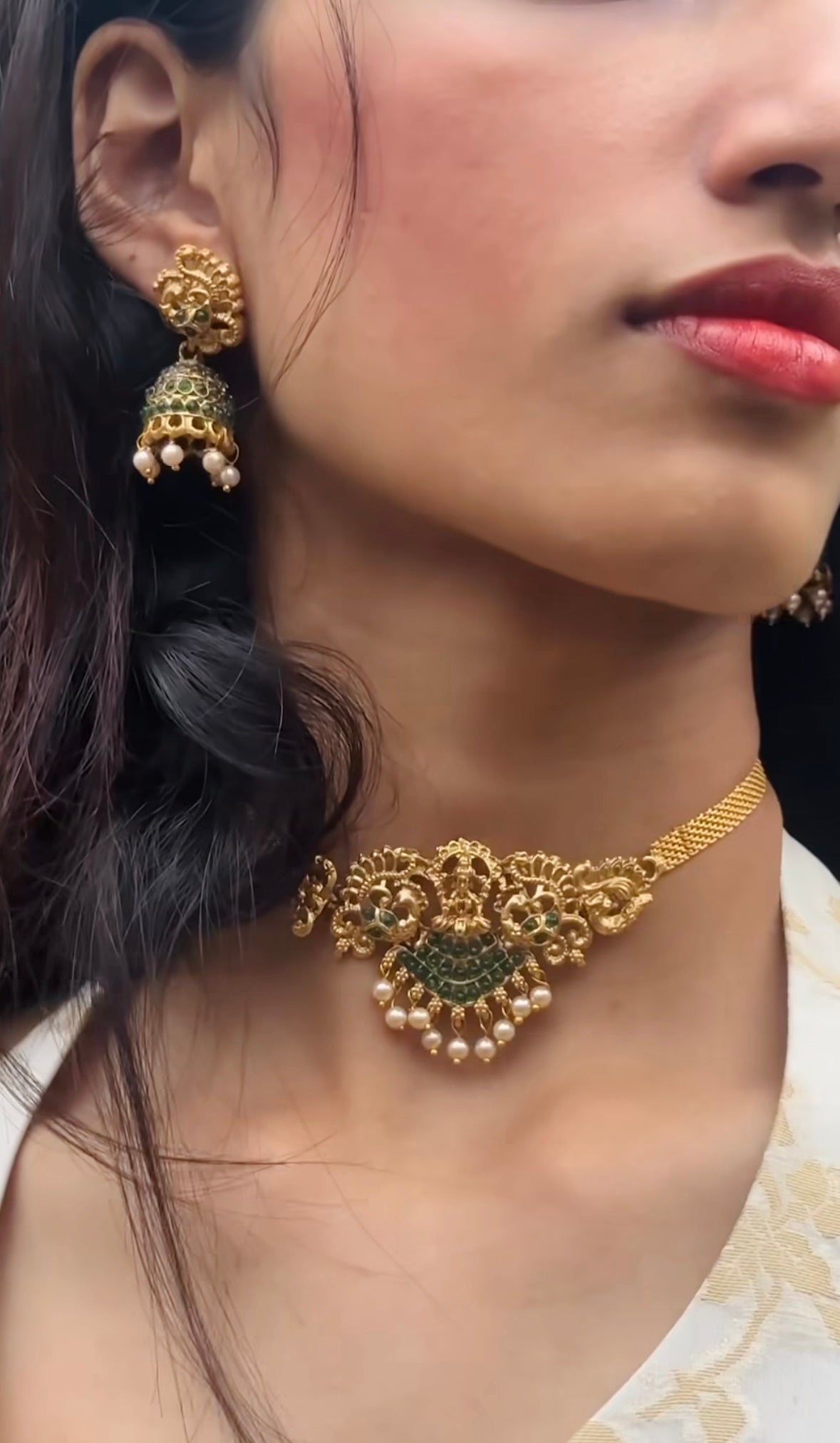 Antique Gold Choker and Jhumkas Set