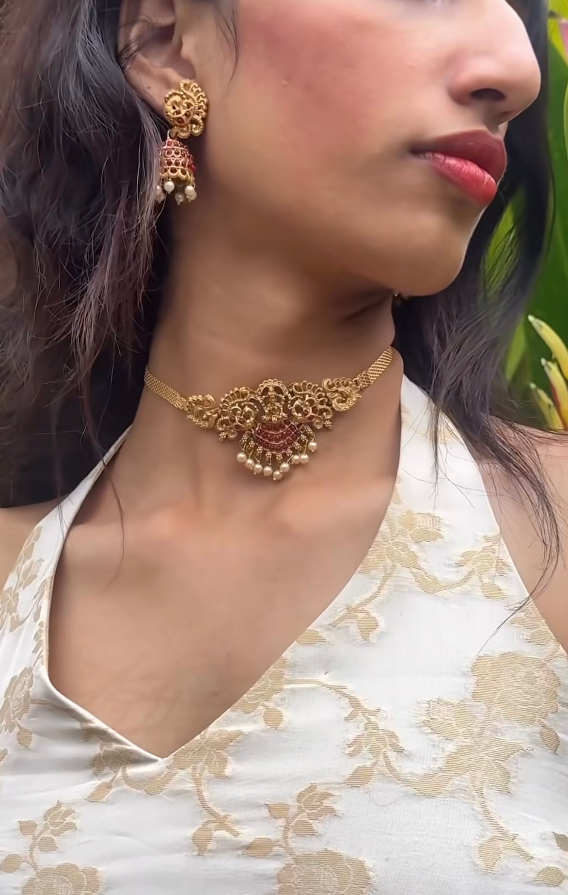 Antique Gold Choker and Jhumkas Set