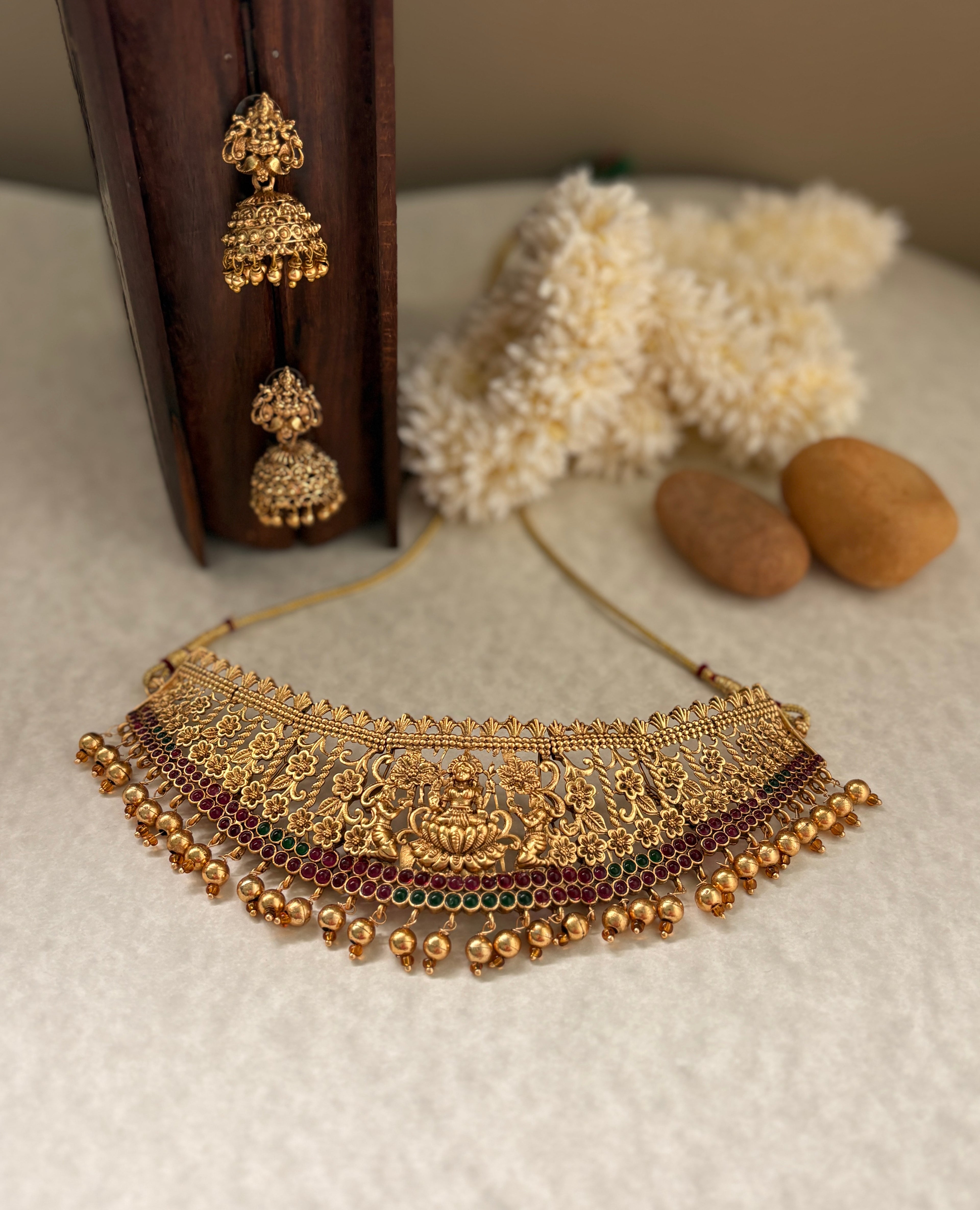 Temple Design Antique Gold Choker Necklace with Jhumka Earrings