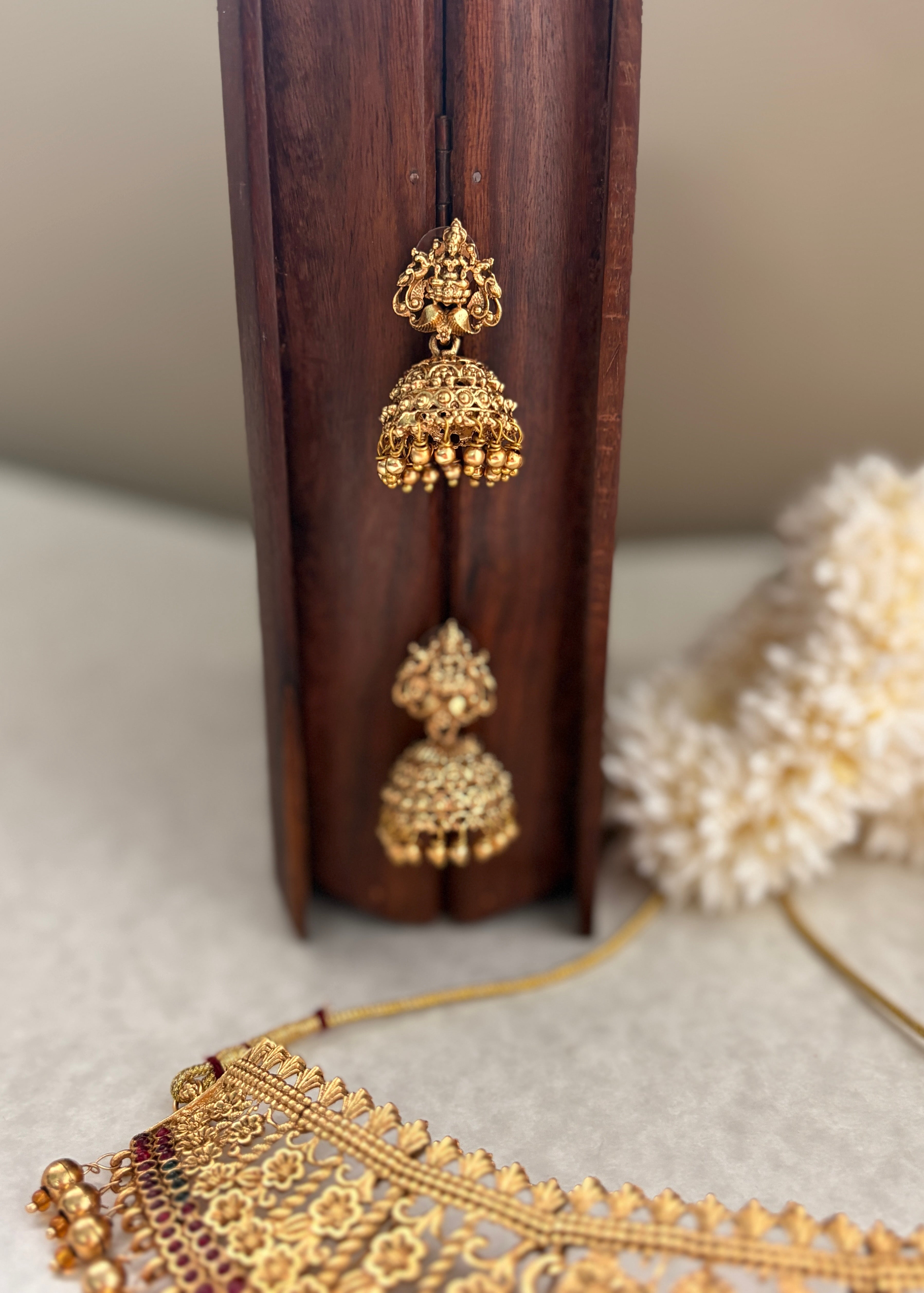 Temple Design Antique Gold Choker Necklace with Jhumka Earrings