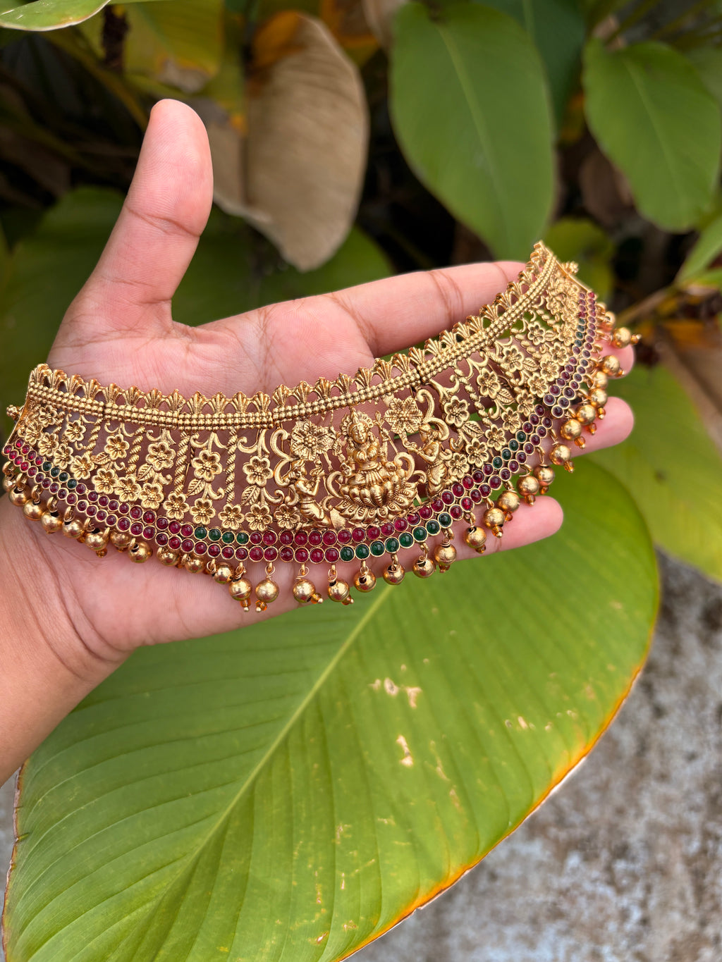 Temple Design Antique Gold Choker Necklace with Jhumka Earrings