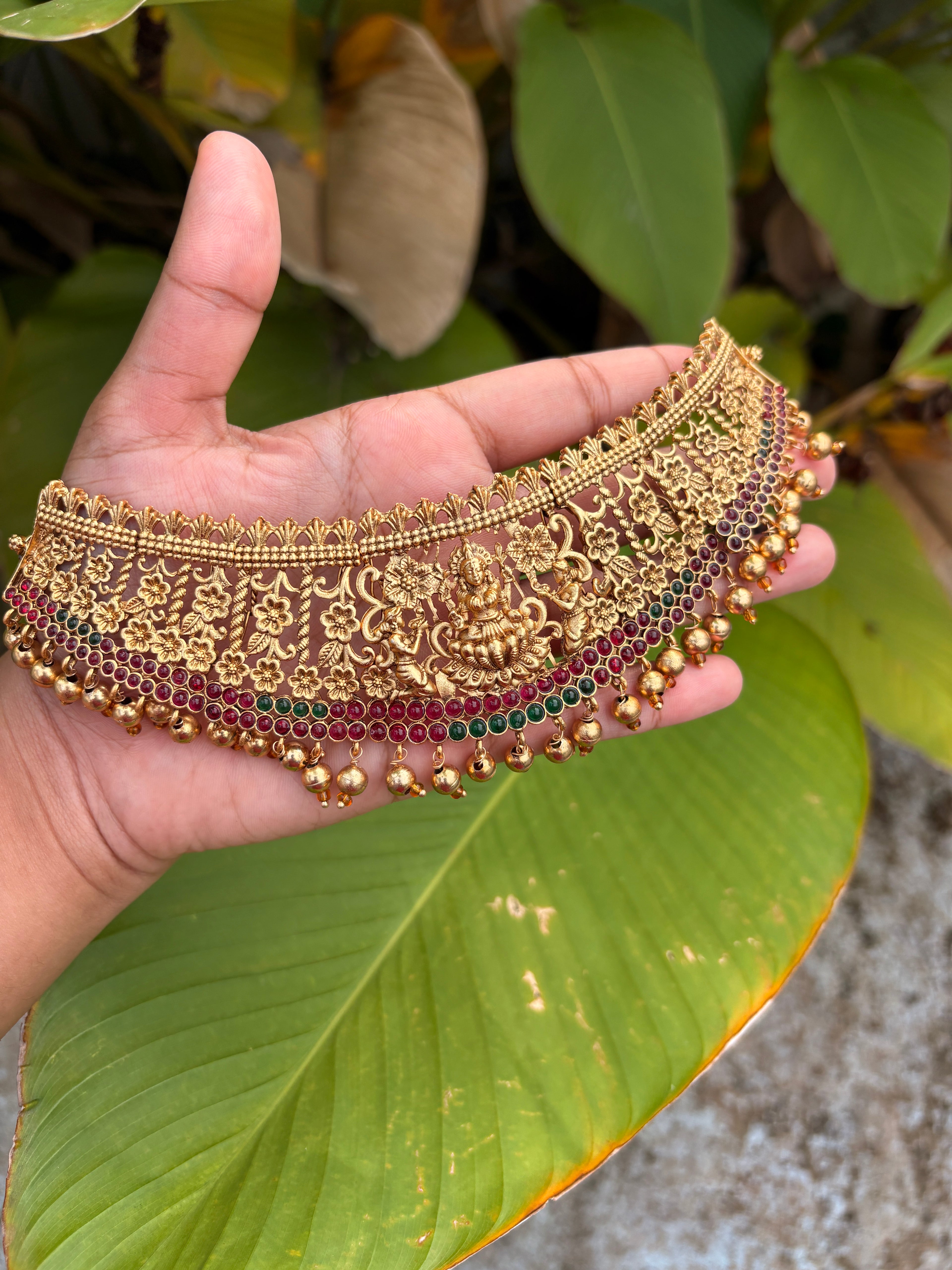 Temple Design Antique Gold Choker Necklace with Jhumka Earrings